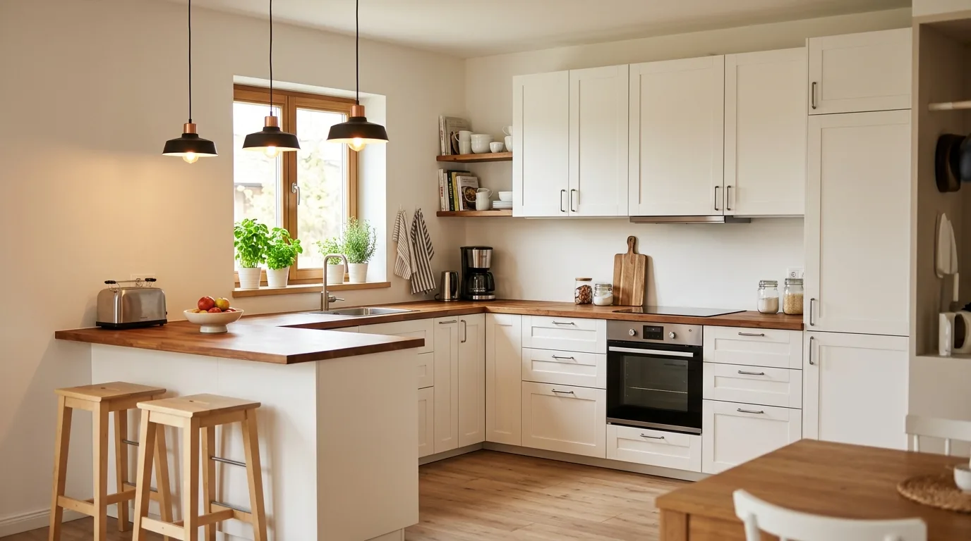 Bring in wood details to soften a flatter cabinet finish inspiration for an IKEA kitchen.